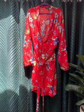 Forever 21 Red Floral Satin Wrap Robe with Blue & Green Accents